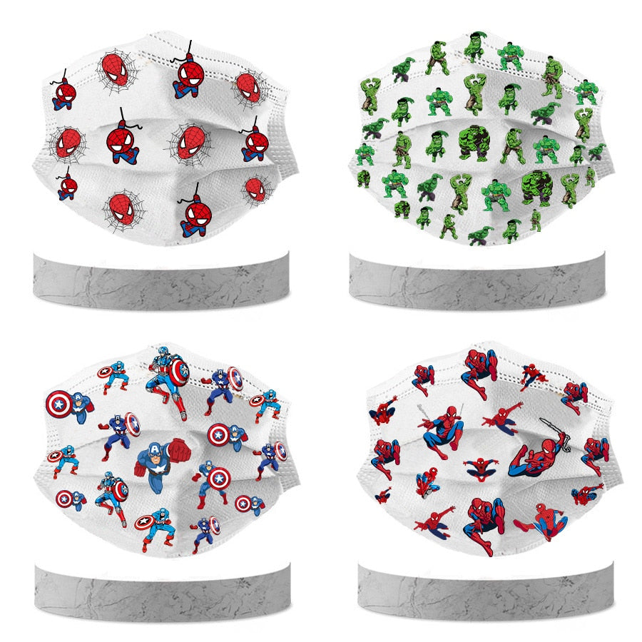 50/10Pcs Disney Marvel Avengers Spider man Children Cartoon Mask 3 Layer Fashion Face Cover Mask