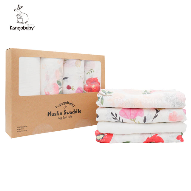 100% Organic Cotton Muslin Swaddle Blankets Baby Wrap 4Pcs/Pack