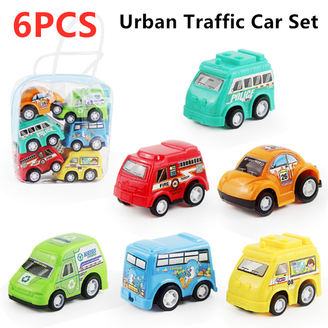 6pcs Car Model Toy Pull Back Car Fire Truck Taxi Model Kid Mini Cars