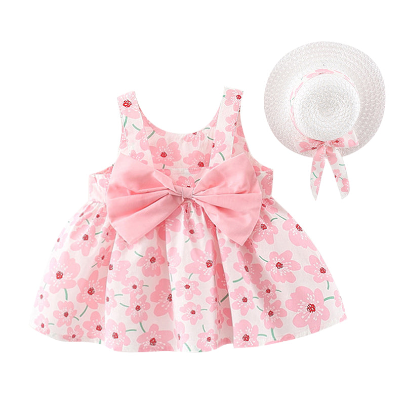 Korean Cute Print Sleeveless Cotton Beach Dress+Sunhat Princess Dresses