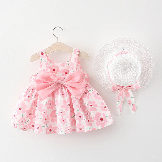 Korean Cute Print Sleeveless Cotton Beach Dress+Sunhat Princess Dresses