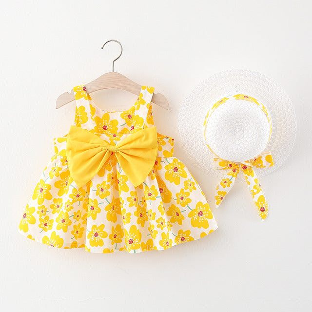 Korean Cute Print Sleeveless Cotton Beach Dress+Sunhat Princess Dresses