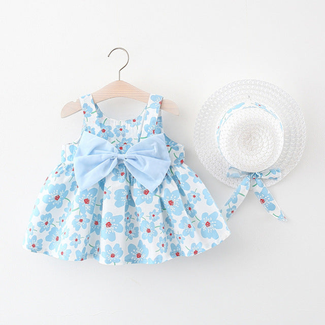 Korean Cute Print Sleeveless Cotton Beach Dress+Sunhat Princess Dresses