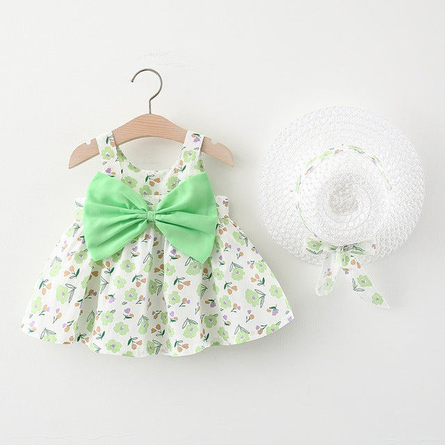 Korean Cute Print Sleeveless Cotton Beach Dress+Sunhat Princess Dresses