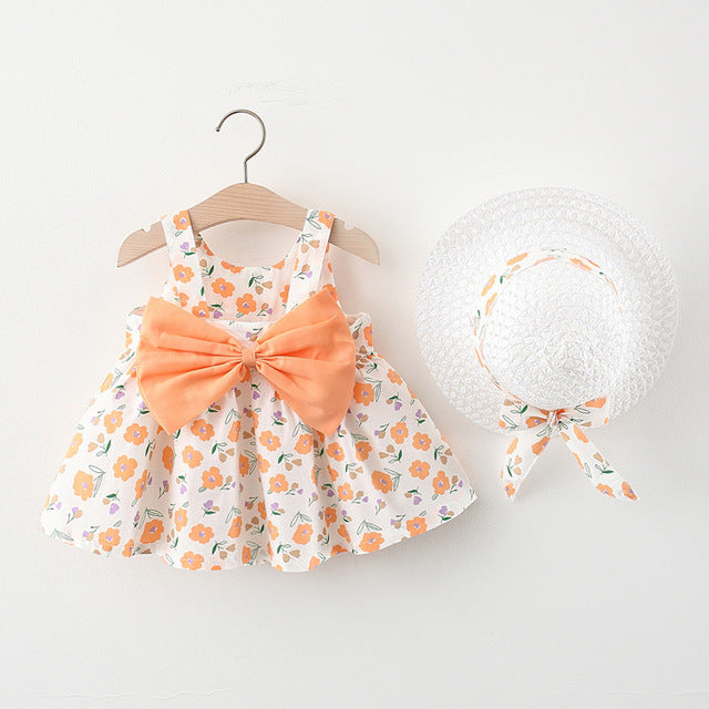 Korean Cute Print Sleeveless Cotton Beach Dress+Sunhat Princess Dresses