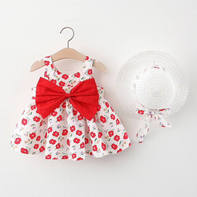 Korean Cute Print Sleeveless Cotton Beach Dress+Sunhat Princess Dresses