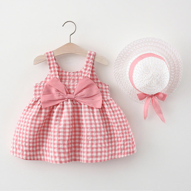 Korean Cute Print Sleeveless Cotton Beach Dress+Sunhat Princess Dresses