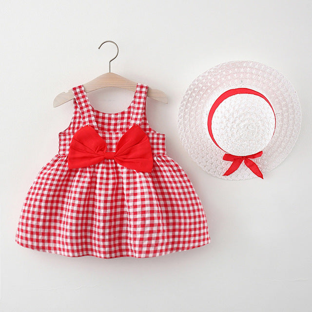 Korean Cute Print Sleeveless Cotton Beach Dress+Sunhat Princess Dresses