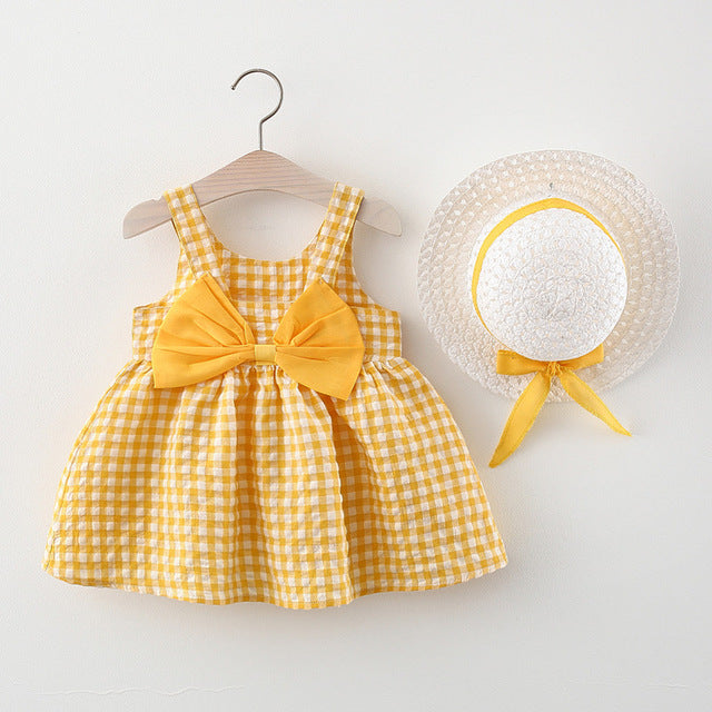 Korean Cute Print Sleeveless Cotton Beach Dress+Sunhat Princess Dresses