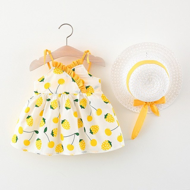 Korean Cute Print Sleeveless Cotton Beach Dress+Sunhat Princess Dresses