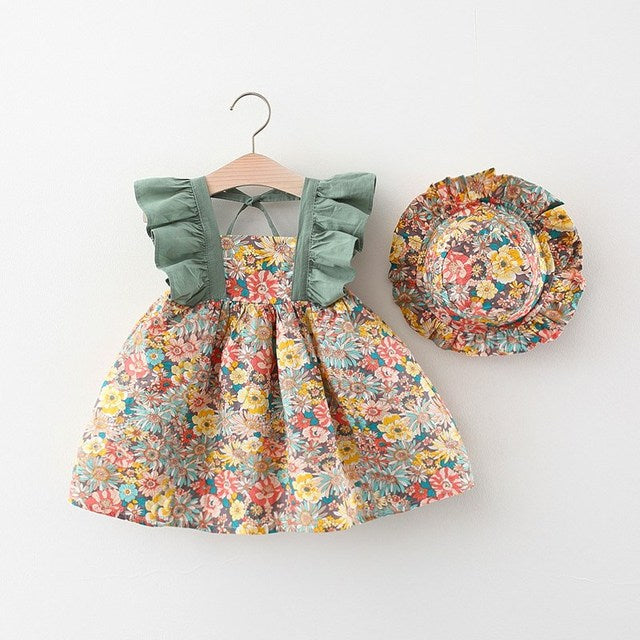 Korean Cute Print Sleeveless Cotton Beach Dress+Sunhat Princess Dresses