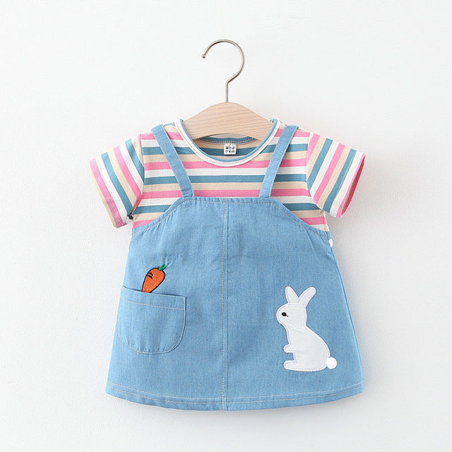 Korean Cute Print Sleeveless Cotton Beach Dress+Sunhat Princess Dresses