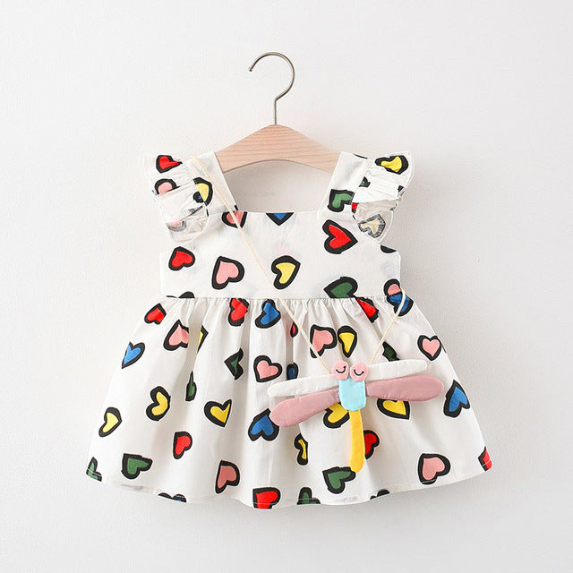 Korean Cute Print Sleeveless Cotton Beach Dress+Sunhat Princess Dresses