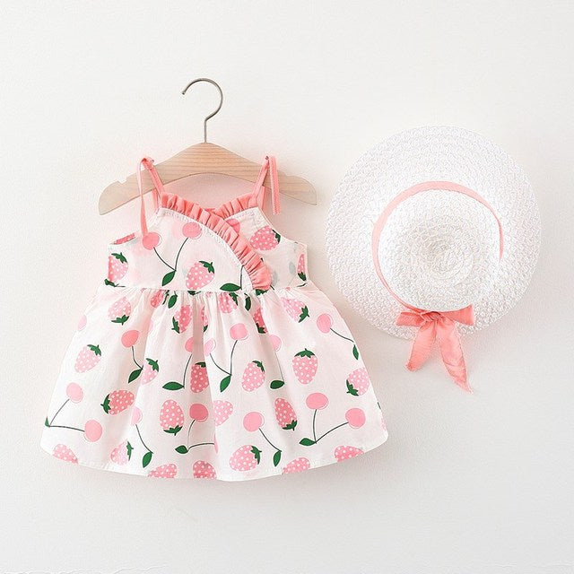 Korean Cute Print Sleeveless Cotton Beach Dress+Sunhat Princess Dresses