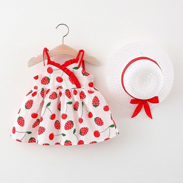 Korean Cute Print Sleeveless Cotton Beach Dress+Sunhat Princess Dresses