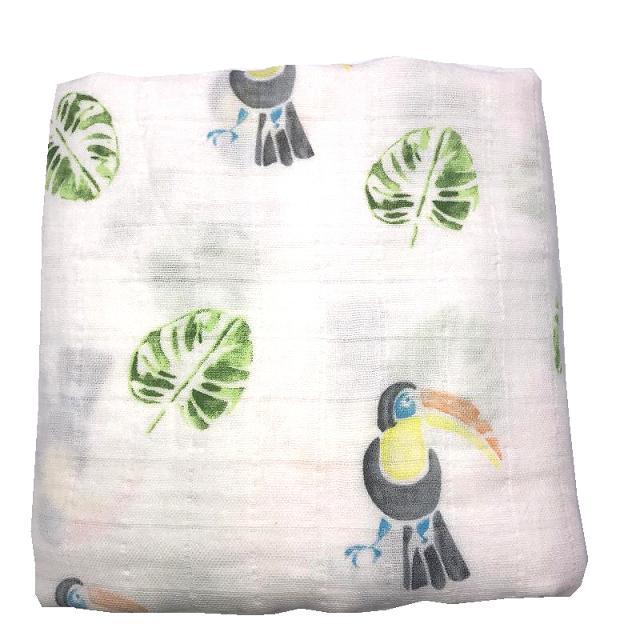 100% Organic Cotton Cute Printed Bird and Parrot Muslin Blanket for Newborn Baby Swaddle Wrap Comfy Infant Bedding Blankets